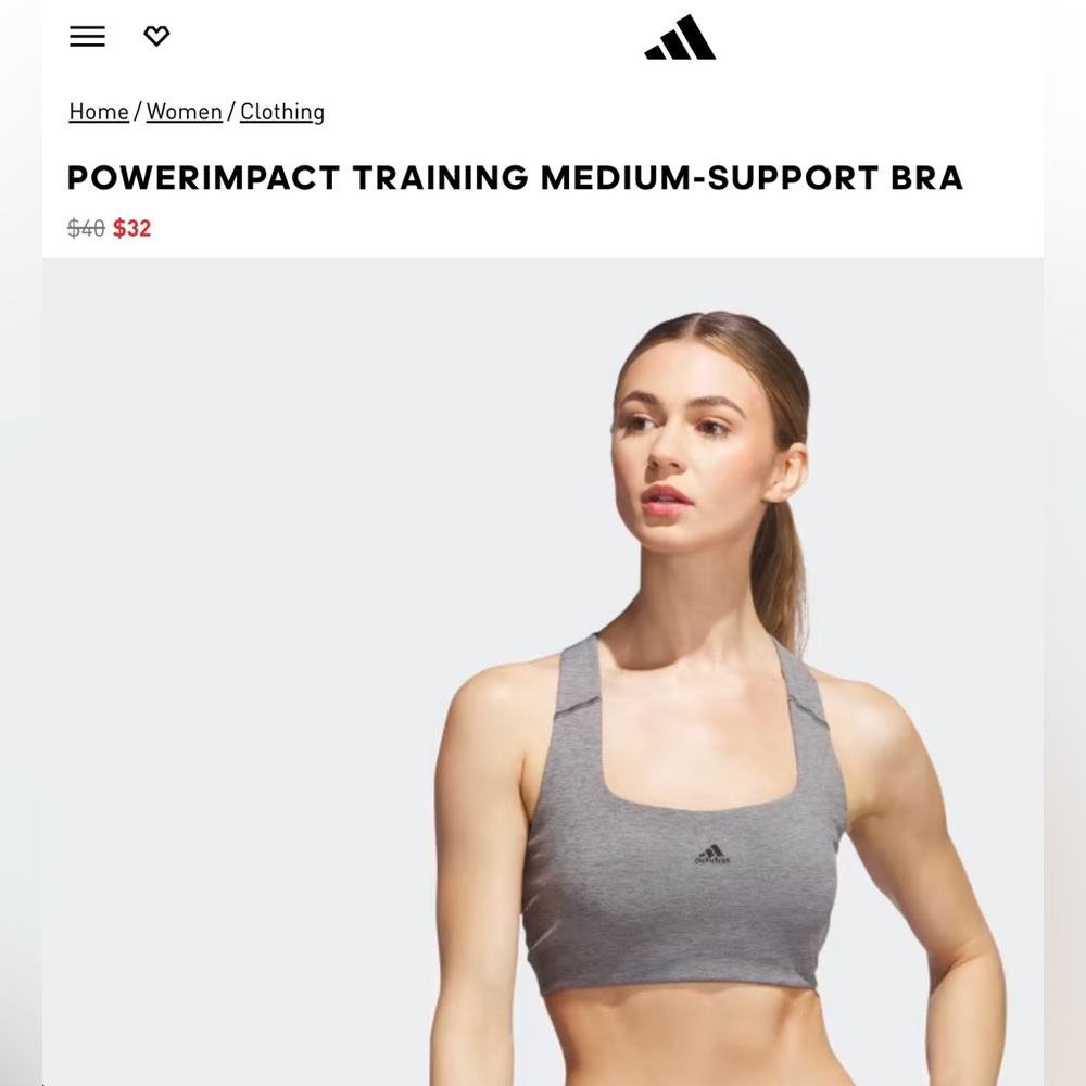 Adidas Powerimpact Training Medium Support Bra, XS, Heather Grey